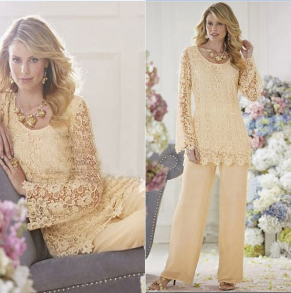 Vintage Long Sleeves Chiffon Mother of the Bride Suits Lace Applique Top Pants Floor Length Formal Party Mother Dresses