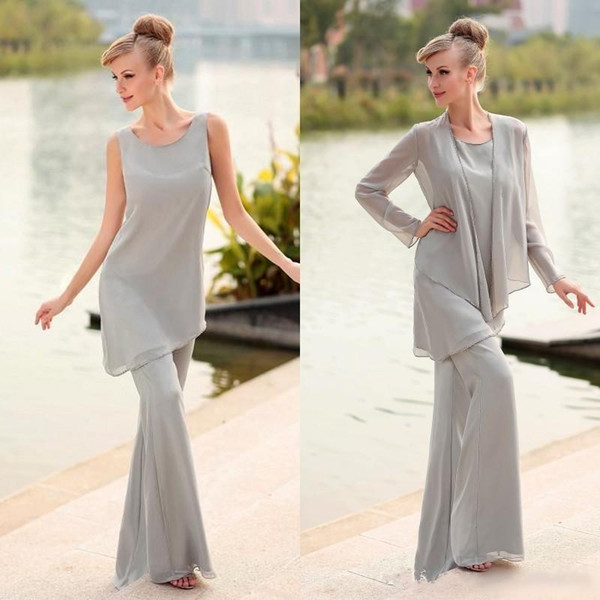 Stylish Gray Chiffon Jewel Long Mother Of The Bride Pant Suits With Long Sleeve Jacket Simple Style Formal Suits Custom Made