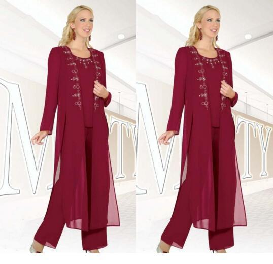 Fuchsia Three-Pieces Mother of the Bride Suits with Jackets Long Sleeve Beaded Chiffon Formal Wear 3 piece mother's pant Custom Made