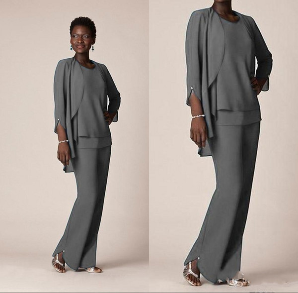 Nigeria Dark Gray Chiffon Mother Of the Bride Suits Custom Made Long Sleeve Pant Suits South Africa Formal Mother Dress with Jacket