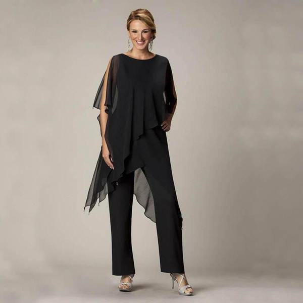 Lady Mom Casual Summer Wear for Women Black Mother Of The Bride Pant Suits Ladies Chiffon Wedding Party Evening Suit Set