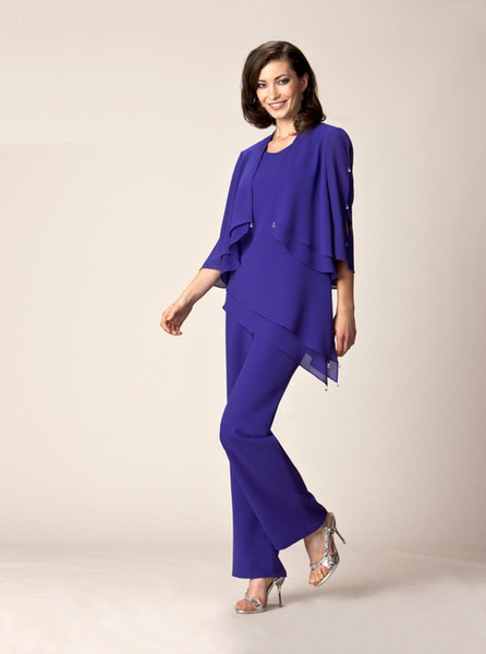 Purple Mother Of The Bride Pant Suits Summer Formal dresses Scoop Neck flutter sleeve Crystal details AE5219