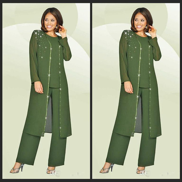 3 Pieces Chiffon Mother Of The Bride Pant Suits Jewel Long Sleeves Army Green Plus Size Mother Dress Evening Party Gowns Cheap