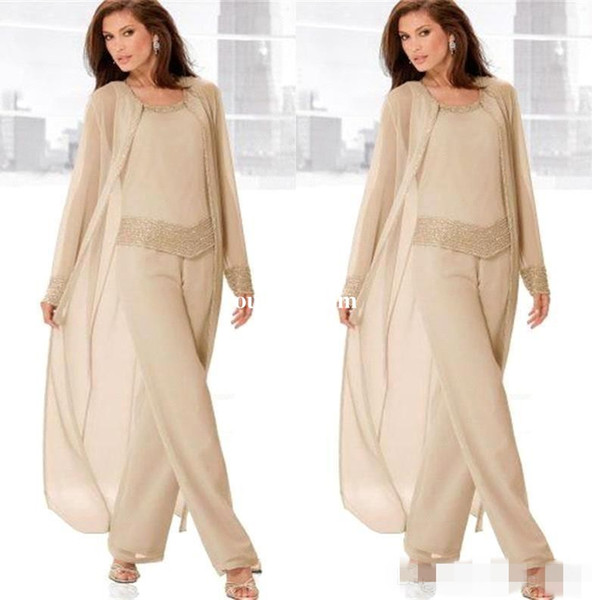 2016 Champagne Three Piece Mother of the Bride Pant Suits with Long Jackets Long Sleeves Beaded Chiffon Mother Plus Size Wedding Guest Dres