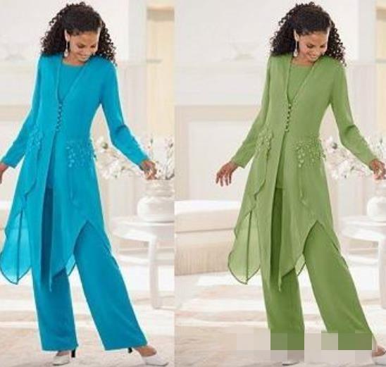 Hot Sale Elegant Chiffon With Long Sleeves Jewel Neck Ruffles Mother Of the Bride Pant Suits Mother Suits with Jacket