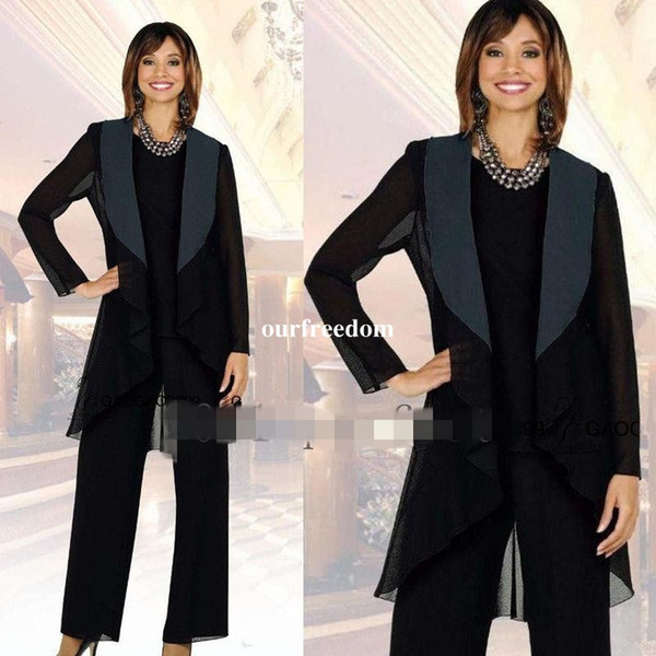 Elegant Black Chiffon Mother Of The Bride Pant Suit Satin With Collar Special Occasion Women Outfit Custom Made New Sale