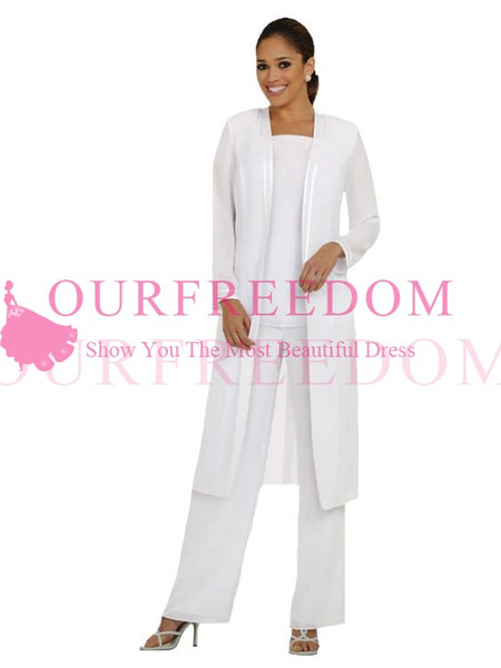 White Chiffon Long Sleeves Mother of the Bride Pant Suits With Long Blouse Sequins Beaded Mother of Groom Pant Suit