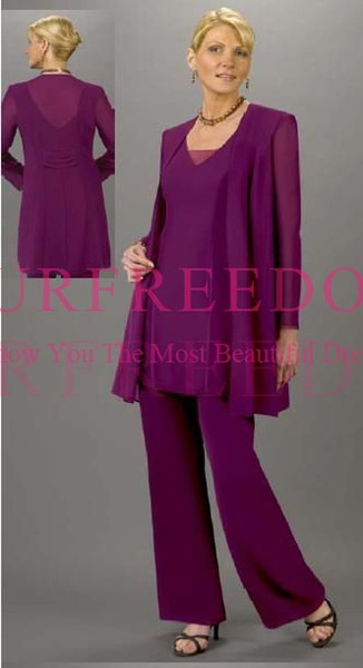 Purple Long Sleeve Mother Of The Brides Suits Floor Length Chiffon With Jacket Formal Evening Occasion Mother Of The Bride Dresses