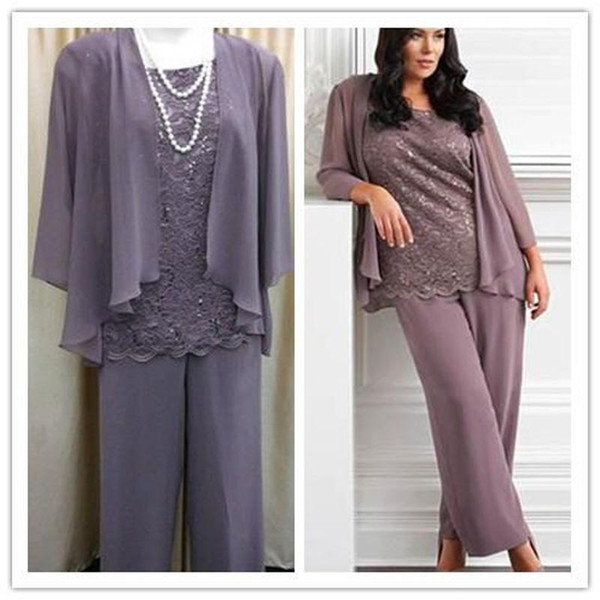 Real Sample New Fashion 2016 Three Pieces Lace Chiffon Mother's Pants Suit Purple Long Mother of the bride Dress Wedding Party Gown