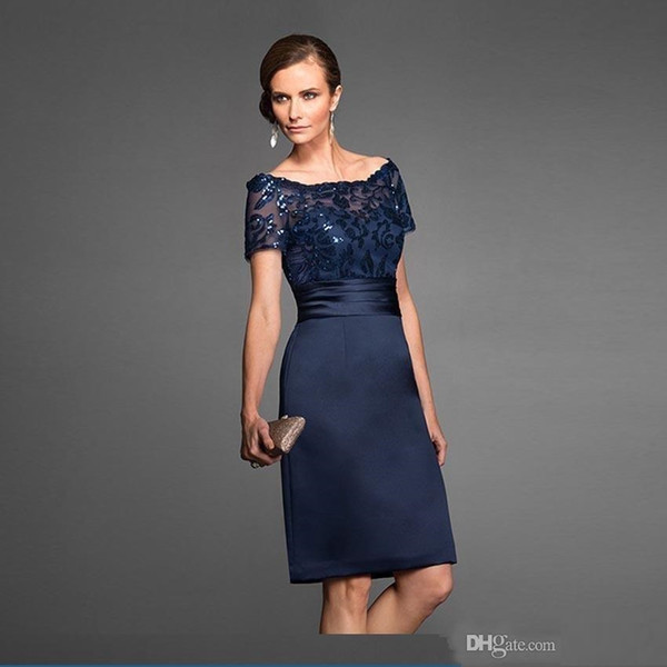 Navy Blue Mother Of The Bride Dresses Bateau Lace Wedding Party Gowns Short Sleeve Women Evening Dress Sequin Knee Length Prom Gowns