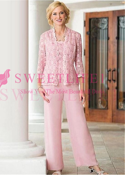 Pink Long Sleeve With Jacket Mother Of The Bride Suits Chiffon Floor Length Formal Evening Dresses Mother Pants Suit Custom Made