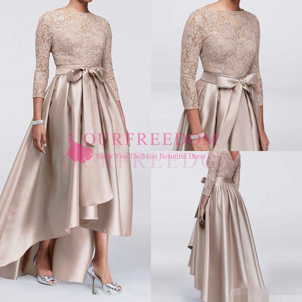 Chic Champagne A-line High Low Mother Of The Bride Dresses Sequined Lace Top Long Sleeves Dress Evening Wear Cheap Wedding Guest Dress
