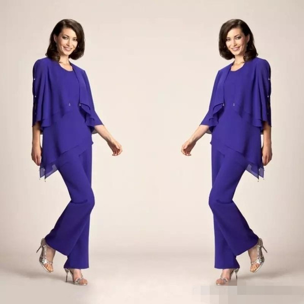 Purple Chiffon Mother of Bride Pants Suit 3/4 Sleeves Mother of the bride Dress Wedding Party Gown Formal Evening Wear