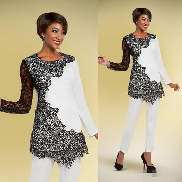 Chic Black And White Pants Suits For Mother Of The Bride Jewel Neck long sleeve Wedding Guest Gowns Appliqued Mother of groom dress