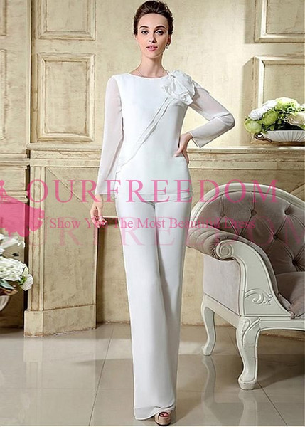 New White Long Sleeve Mother Of The Bride Suits Pants Chiffon Floor Length Mother Bride Dresses Formal Evening Dresses Custom Made