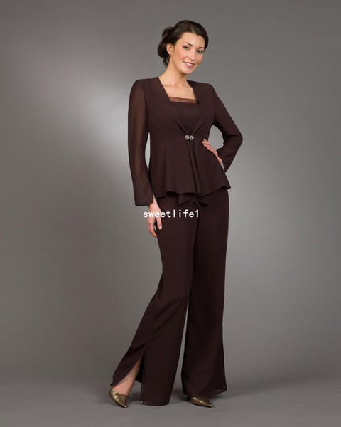 Chocolate Chiffon Mother Of The Bride Suits Side Split Two Piece Mother Of The Bride Dresses Formal Wear Prom Pant Suit Set