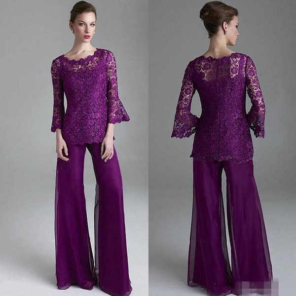 Classy Purple Lace Mother Of The Bride Pant Suits Sheer Jewel Neck Long Sleeves Wedding Guest pantsuit Plus Size Mothers Groom Dresses