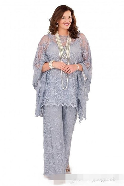 Plus Size Mother of the Bride Pant Suits Long Sleeves Three Pieces Silver Gray Formal Women Groom Lace Mother Dresses