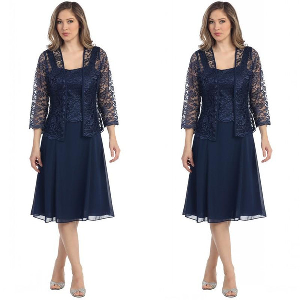 Sexy Navy Blue Mother's Chiffon Dresses With Lace Jacket Long Sleeves Knee-Length Plus Size Custom Evening Party Gowns DH5009