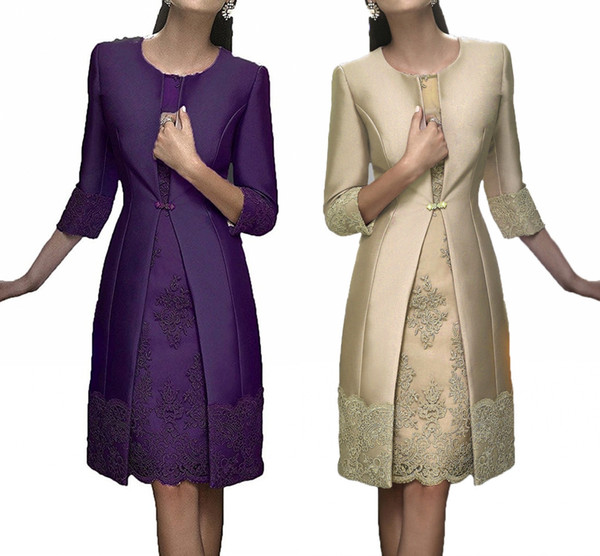 Elegant Sheath Short Mother Formal Wear With Jacket Evening Satin Lace Party Wedding Guest Dresses Mother Of The Bride Dresses Suit Gowns