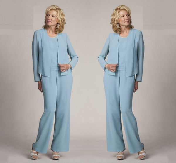 Light Blue Mother Of The Bride Pant Suits Elegant Formal Evening Dresses Plus Size Simple Dresses HY4028