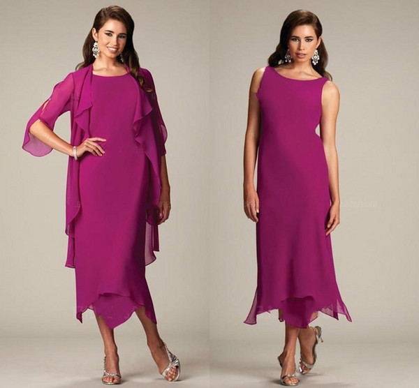 New Arrival Plus Size Mother Of The Bride Dresses With Jacket Chiffon Jewel Neck Tea Length Mother Of The Groom Dresses Evening Gowns