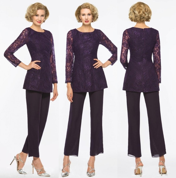 Purple Mother Of The Bride Pant Suits For Weddings Two Pieces Lace Appliqued Long Sleeve Mothers Formal Wear Outfit Cheap Garment DH363