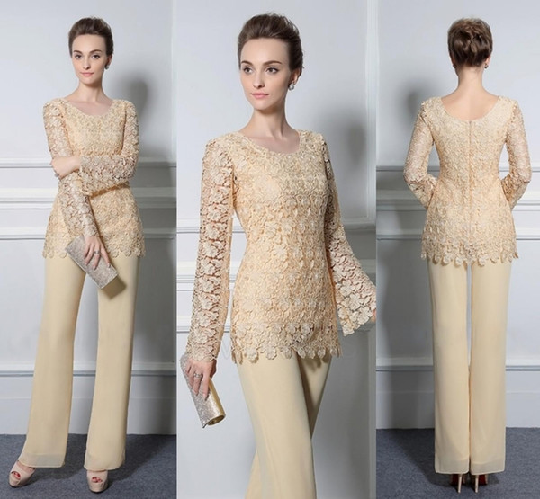 Light Yellow Lace Pants Suits For Mother Of The Bride Cheap Formal Groom Dresses Jewel Neckline Chiffon Wedding Mothers Guest Dresses DH4027