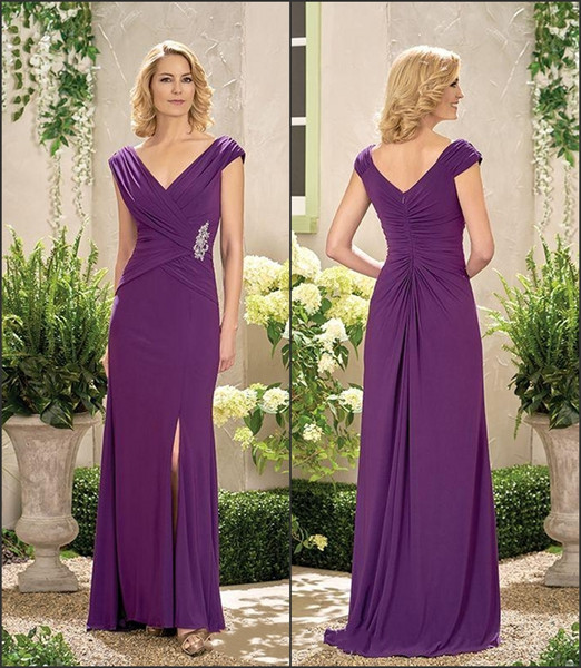 Purple Mother Of The Bride Dresses V Neck Appliques Side Split Ruffle Elegant Mother Of Groom Party Dresses Floor Length Wedding Guest Gown