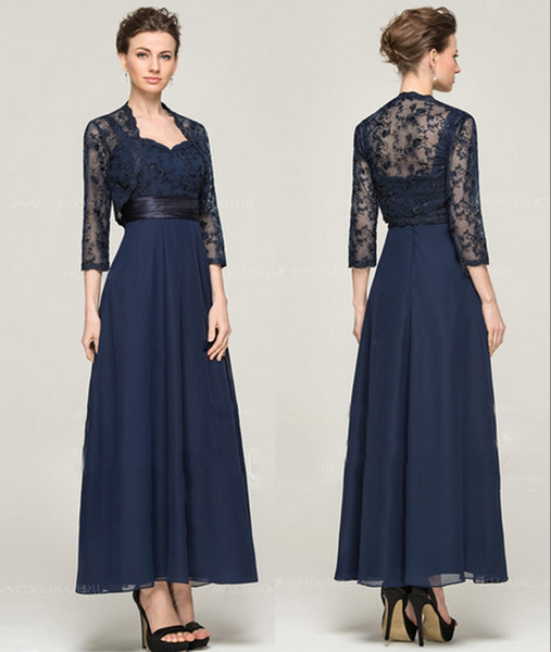 New Tea-length 3/4 Length Sleeve Dark Blue Chiffon Lace With Lace A-line Mother Of The Bride Prom Dresses Vestidos De Novia