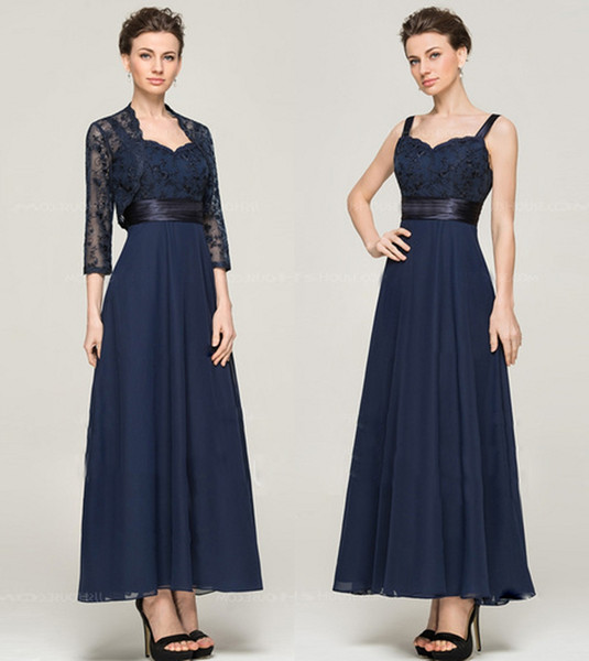 New Tea-length 3/4 Length Sleeve Dark Blue Chiffon Lace With Lace A-line Mother Of The Bride Dress Vestidos De Novia