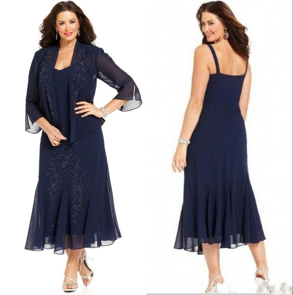 Elegant Navy Blue Chiffon Tea Length Mother Of The Bride Dress With Jacket 3/4 Sleeves Mother Party Dresses Mother Formal Wear