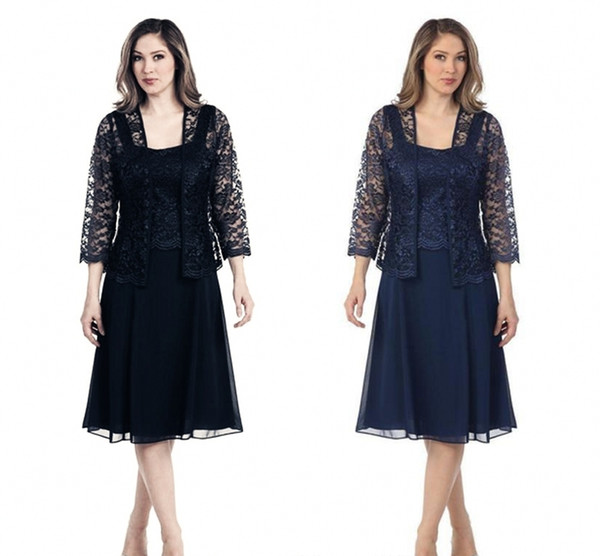 Fashion Sexy Navy Blue Mother's Chiffon Dresses With Lace Jacket Long Sleeves Knee-Length Plus Size Custom Evening Prom Gowns DH4033
