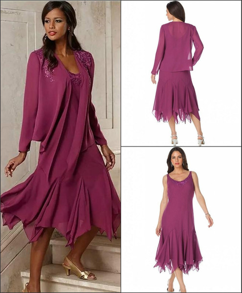 Vintage Plum Elegant Chiffon Appliqued Plus Size Mother Of The Bride Dresses With Jacket Tea Length Groom Pant Suits Gowns For Weddings