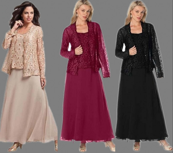 Plus Size Two Pieces Mother Of Bride Dresses Pant Suits Long Sleeves Lace Ankle Length Evening Party Dresses Vintage Wedding Guest Gowns
