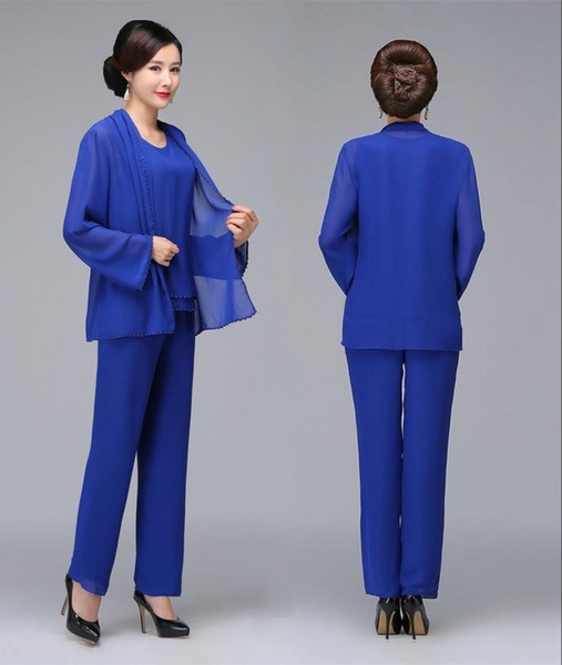 Royal Blue Beaded Mother Of The Bride Pant Suits With Jacket Chiffon Boho Mothers Outfit Formal Garment Cheap Wedding Guest Dresses HY335