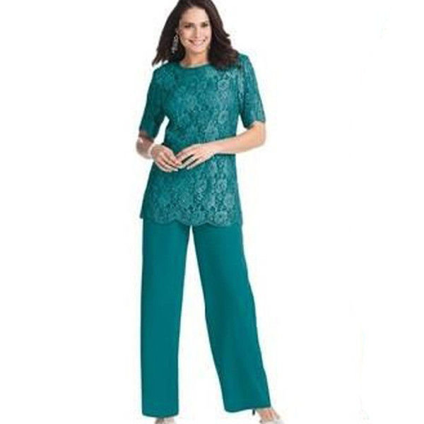 Hunter Green Two Piece Mother Pants Suits Jewel Neck Floor Length Chiffon Lace Mother of the Bride Prom Dress with Lace