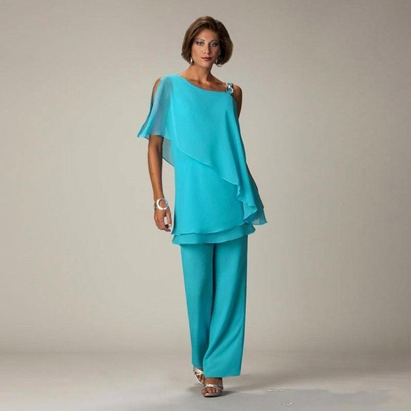 Peacock Blue One Shoulder Mother of the Bride Suits Chiffon Mother of the Birde Dresses Women Pants Suit BC1834