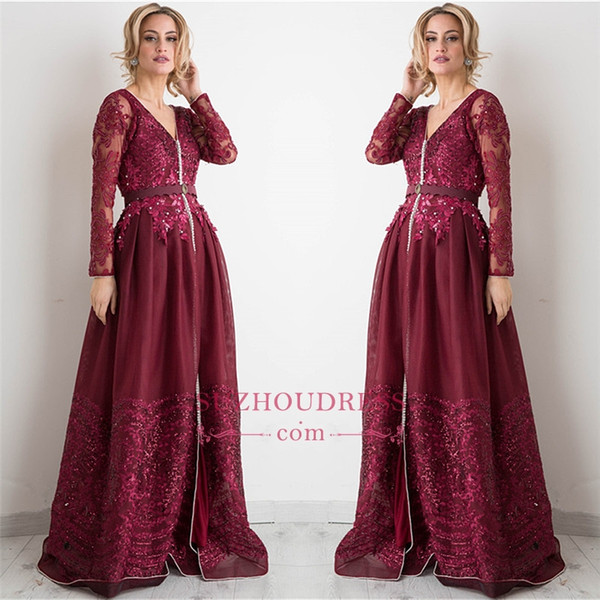 Modest Long Sleeves Sheer Appliques Beaded Sequined Mother of Bride Groom Dresses Fashion Burgundy Evening Gowns Mother Formal Wears