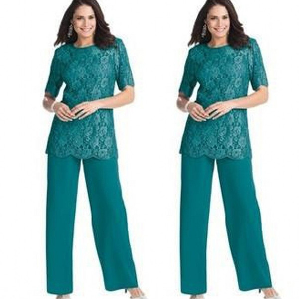 HUnter Plus Size Mother Of The Bride Pant Suits 2 Piece Chiffon for Beach Mother Dress Half Sleeves Cheap Mothers Formal Gown BC0685