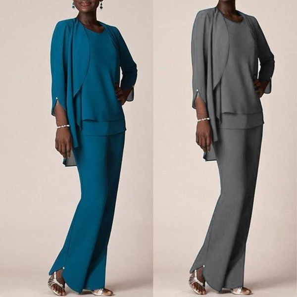 Pant Suits Mother Of The Bride Dresses With 3/4 Long Sleeve Jacket Chiffon Dark Hunter Prom Dress Evening Gowns Custom BA7404