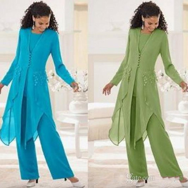 Hot Sale Elegant Chiffon With Long Sleeves Jewel Neck Ruffles Mother Of the Bride Pant Suits Mother Suits with Jacket