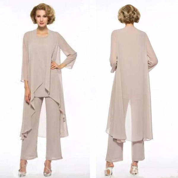 Mother Of The Bride Pant Suit 3 Piece Chiffon for Beach Weddings Mother Dress Long Sleeves Cheap Mothers Formal Pants Gowns BC0685