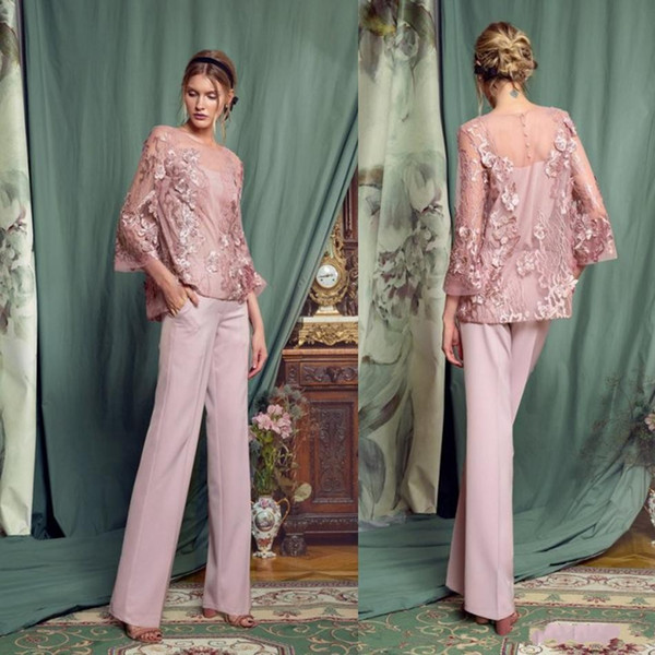 Vintage Pink Pantsuits Mother Of The Bride Dresses Jewel Neck Long Sleeves Lace Prom Dress Chiffon Pants Formal Wedding Guest Gowns Cheap