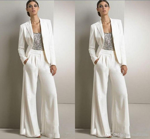 New Bling Sequins Ivory White Pants Suits Mother Of The Bride Dresses Formal Chiffon Tuxedos Women Party Wear New Fashion Modest 