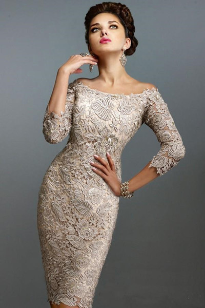 Newest Mother Off Bride Dresses Scoop Full Lace 3/4 Long Sleeves Knee Length Sheath Plus Size Mother Of The Bride Dress