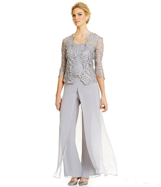 New Elegant Plus Size Vintage Mother Of the Bride Groom Dresses With Pants Suits Long Sleeve Lace Jacket Mother Dress Formal Wear