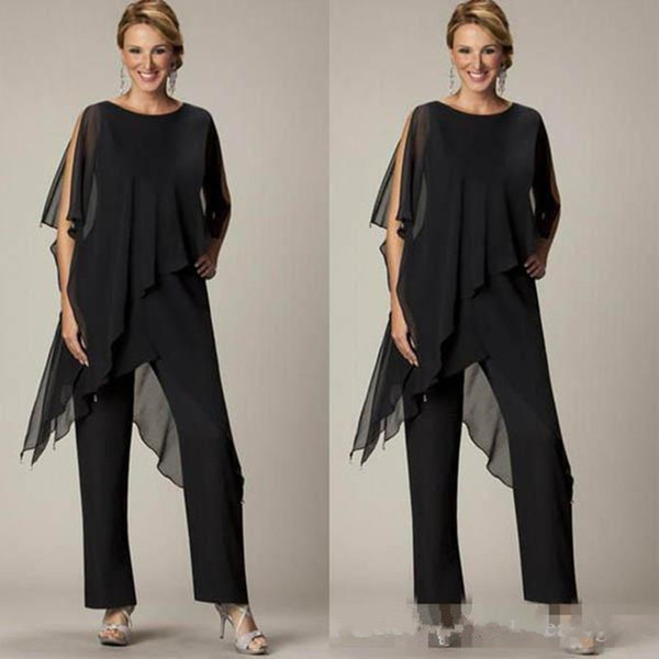 Newest Mother of the Bride Pant Sutis Black Chiffon Bateau Neck Asymmetrical Wrap Style Modest Mother's Suit for Weddings Custom Made