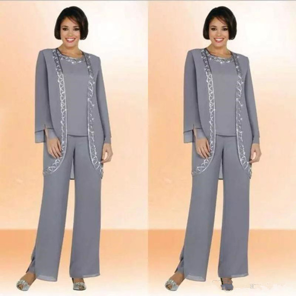 Modest New Chiffon Jewel Long Mother Of The Bride Pant Suits With Long Sleeve Jacket Cheap Embroidery Formal Suits Custom Made