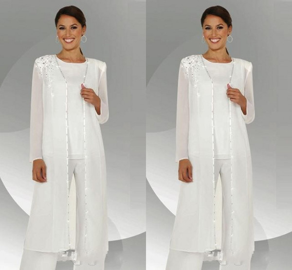 Mother of Groom Pant Suit Jewel Neckline White Chiffon Long Sleeve Mother Of Bride Suits With Jacket